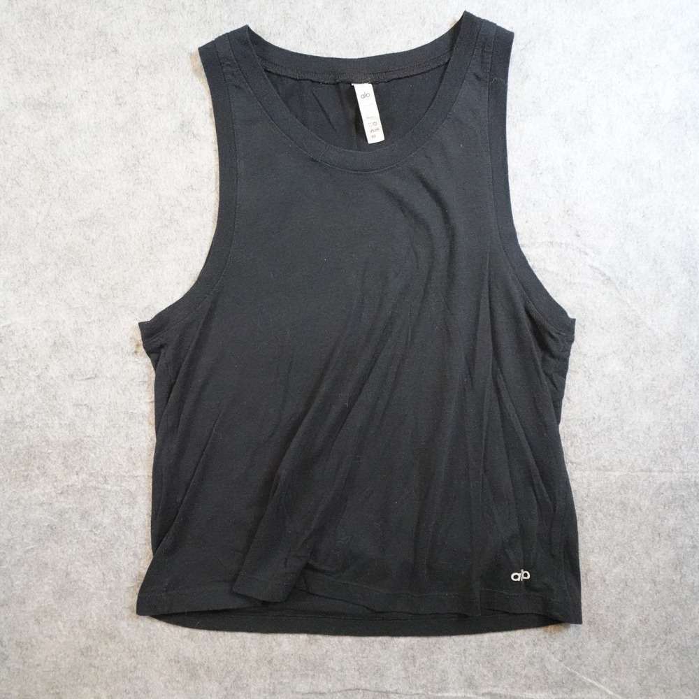 Alo Top Women Small Black Tank Scoop Neck Logo Activewear Yoga Gym Workout
